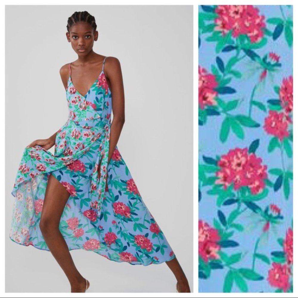NEW Zara Floral Print Midi Dress Blue Red Size S
